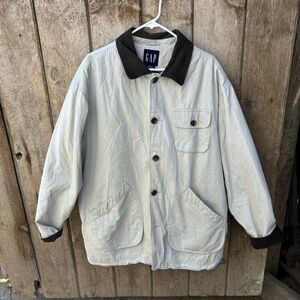 Vtg Gap Chore Coat Canvas Field Barn Jacket Flannel Lined Leather Collar XL